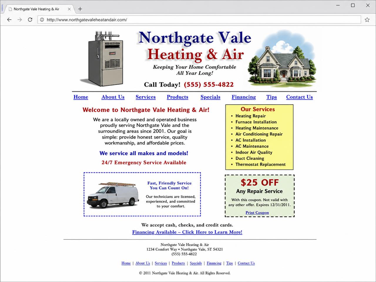 Mock-up of a dated single-page website for the fictional Northgate Vale Heating & Air