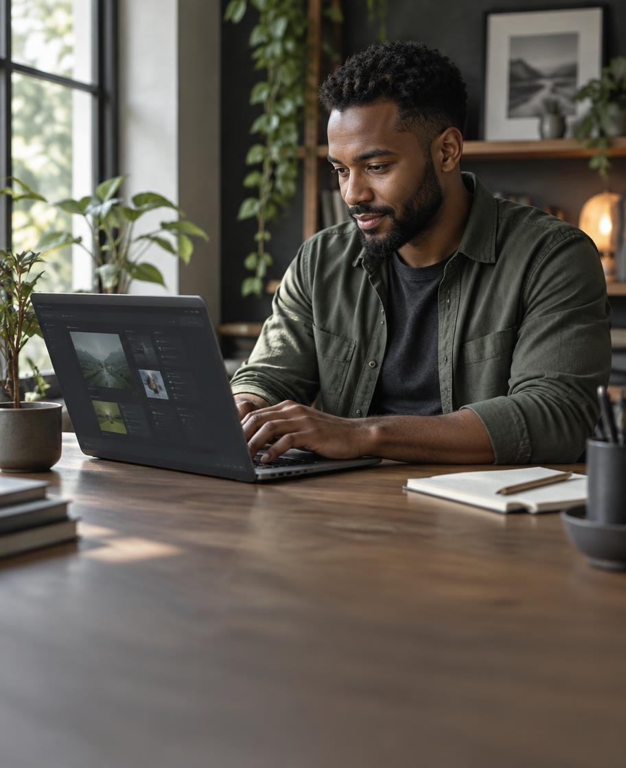 A founder building his business on a laptop at home